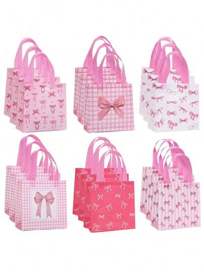 Paquete de 6/12/24 bolsas de tela no tejida con estampado de moño dulce, bolsas de regalo de cumpleaños, bolsas de regalo creativas y frescas para vacaciones
