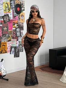 Coolane 女士春夏演唱会服装 锐舞派对服装 街头风性感度假装 Y2K 休闲蕾丝弹力抹胸上衣和开衩长裙两件套 - 黑色 - 查看 4