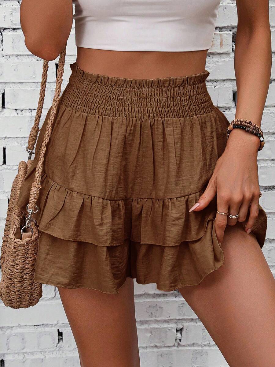 SHEIN Holidaya Women's Solid Color Minimalist Boho Casual Brown Culottes Beach Summer - Coffee Brown - View 1
