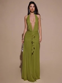 SHEIN BAE 性感简约纯色奶油黄深V领露背紧身褶皱网纱连衣裙，适合派对、鸡尾酒会、正式场合、伴娘、生日、圣诞节、商务休闲等场合，优雅女士礼服 - 橄欖綠 - 查看 3