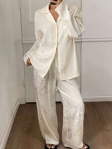 DAZY Chinese Style Bamboo Leaves Pattern Jacquard Satin Pajama Set Fall Winter Clothes - Beige - View 3
