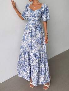 Selianne Đầm maxi hoa nhí tay ngắn mùa hè, thích hợp cho kỳ nghỉ biển, lễ hội âm nhạc. - Màu xanh lam - Xem 3
