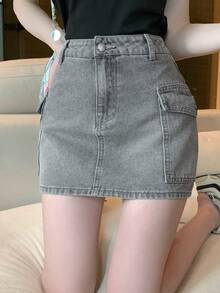 FRIFUL Chân váy denim ngắn nữ kiểu dáng thường ngày, đa năng, có túi tiện dụng. - Xám - Xem 2