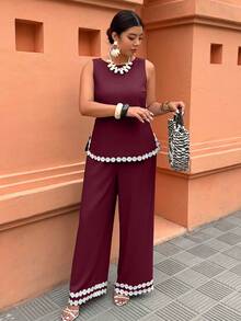 Weeklong Bộ jumpsuit không tay xẻ tà phối màu tương phản dành cho nữ cỡ lớn, trang phục thường ngày đi nghỉ mát, thời trang đường phố. - Màu Đỏ Sâu - Xem 4