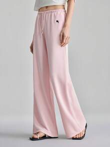 Ontre 2026SS Nuevos pantalones de pierna ancha para mujer, cintura elástica, cintura con cordón bordado, de moda, versátiles, color rosa, cómodos para el hogar y el deporte, adecuados para bodas, fiestas, vacaciones, San Valentín romántico, primavera/verano, oficina y uso casual - Rosa - Ver 5