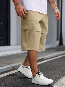 Manfinity Homme Quần lửng dáng rộng, màu trơn, có dây rút, dành cho nam giới cỡ lớn, thích hợp cho mùa xuân/hè. - Màu Khaki - Xem 5