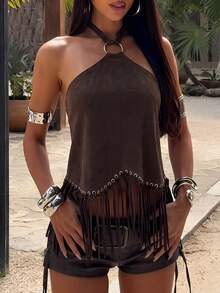 Opulessa 女士纯色流苏吊带背心，春夏款 - 咖啡棕 - 查看 1