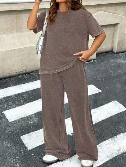 Muchica Bộ đồ 2 món gồm áo thun màu nâu sô cô la rách rưới cỡ lớn và quần ống rộng, chất liệu cotton, thích hợp cho mùa xuân/hè.