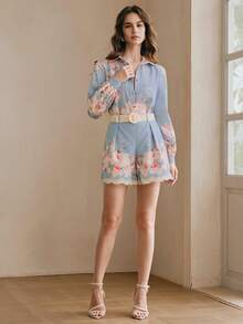 Anewsta Áo kiểu tay phồng thanh lịch dành cho nữ, có họa tiết in, thích hợp cho mùa xuân và các lễ hội. - Màu xanh lam - Xem 5