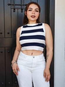 Lupita Cardoza 女式休闲简约海军蓝条纹短款针织毛衣 - 寶藍色 - 查看 6