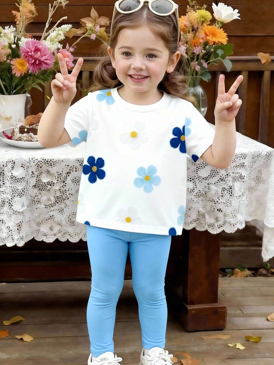 Set de 2 piezas: Camiseta de manga corta con cuello redondo y estampado floral + Leggings de unicolor, conjunto de verano casual y lindo para niña - Multicolor - View 1