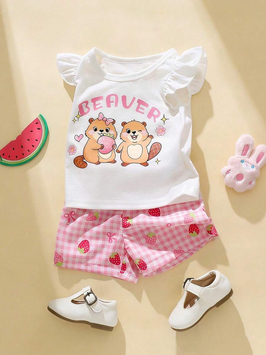 SHEIN Playful Pals Bộ 2 món cho bé gái sơ sinh/trẻ nhỏ 0-3 tuổi, mùa xuân hè, kiểu dáng thường ngày dễ thương, họa tiết mèo hoạt hình ăn dưa hấu, áo thun tay ngắn và quần short màu hồng hình trái tim. - Hồng - Xem 1
