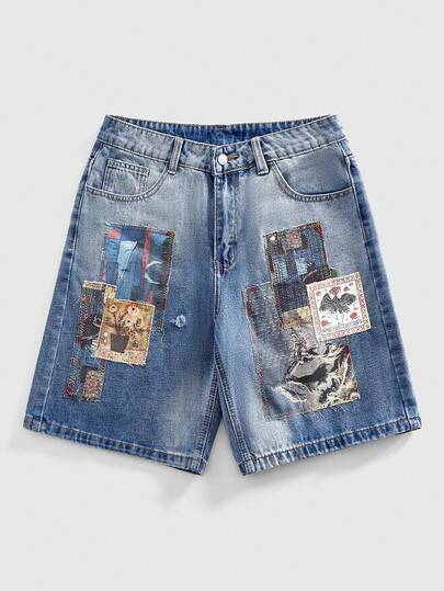 ROMWE MEN Quần short denim nam kiểu dáng thường ngày, họa tiết chắp vá, có túi.