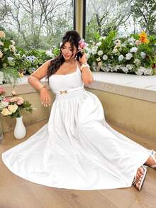 Celure Elegant Plus Size White Engagement Wedding Dress With Halter Neck Sleeveless Long Flared Design And Gold Button Detail - White - View 7