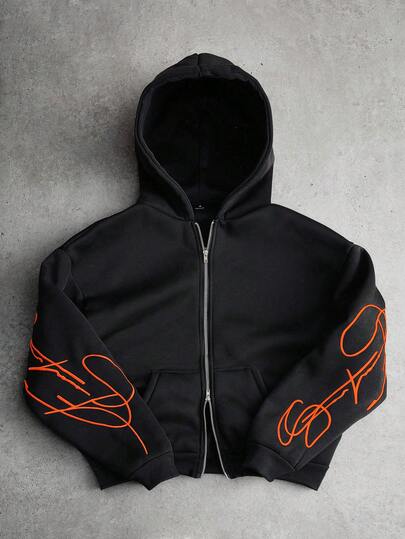 PAVTROS Men's White Creative Text Graphic Embroidered Metal Zipper Hoodie, Black