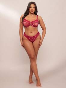 SHEIN BAE 2 件大码浪漫刺绣钢丝性感内衣套装，提拉 - 玫紅色 - 查看 3