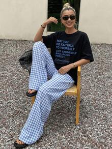 DAZY Letter Print Decor Loose T-Shirt And Plaid Straight Leg Lounge Pants Set Pajama - Black - View 2