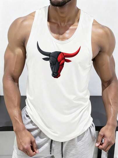 GymBeat 男士休闲运动撞色牛头印花背心