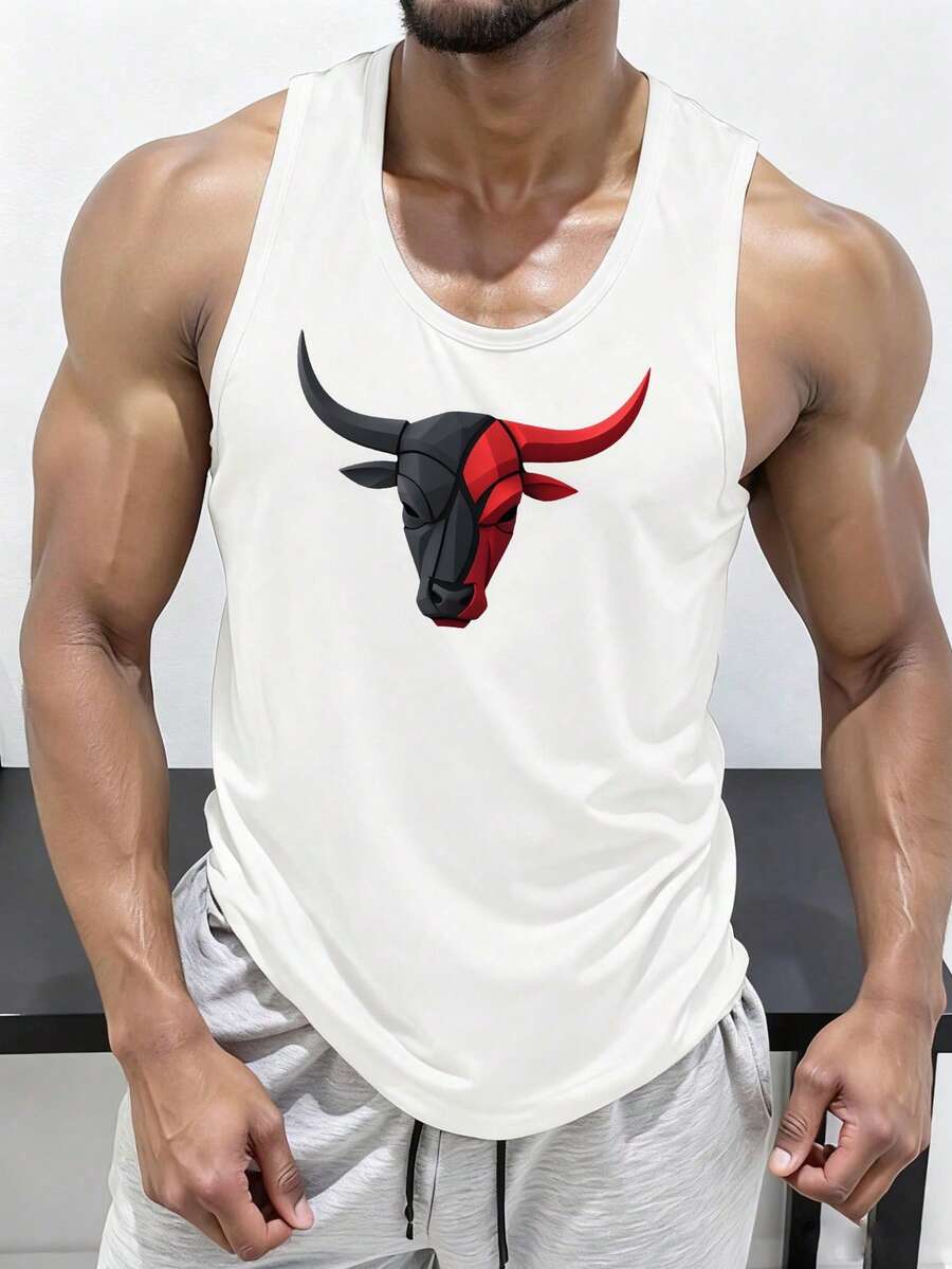 GymBeat Men's Casual Sports Contrast Color Bull Head Print Tank Top, Gym - White - View 1