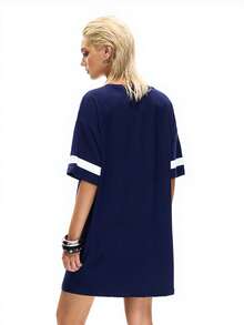 口号图案落肩睡衣睡裙 - 藏蓝色 - 查看 2