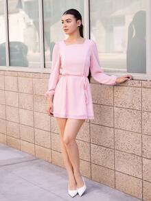 Andrea Bello 女式短款圆领长袖粉色迷你连衣裙，春夏秋季太阳裙 - 粉色 - 查看 3
