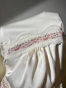 Lavishia Women's Elegant Satin & Lace Patchwork Blouse, Spring/Summer - Apricot - View 6