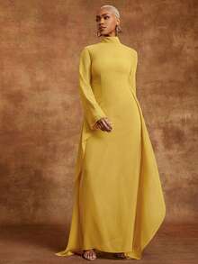 Đầm maxi dài tay cánh dơi cổ cao bằng vải chiffon màu nâu - Màu vàng - Xem 3
