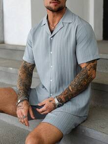 Manfinity Homme Men's Mature Vacation Casual Front Button Shirt And Shorts Set - Light Grey - View 6