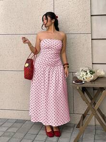 GalTyme Đầm cúp ngực cỡ lớn in chấm bi hồng - Hồng - Xem 5