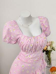 Sweetra 大码甜心领短袖格子雏菊印花荷叶边下摆系带蝴蝶结复古休闲优雅甜美褶裥连衣裙 - 粉色 - 查看 4