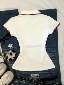 Glimmora Women's Casual Contrast Trim Ruched Waist T-Shirt, Summer - White - View 2