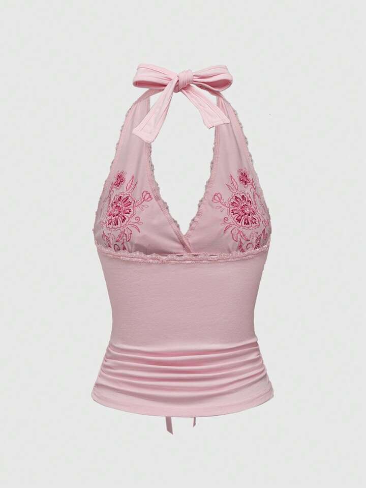 Our Hippie Women's Y2K Floral Print & Contrast Lace Halter Neck
