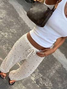 Firerie Pantalones anchos de punto transparentes de cintura baja con cordón, elegantes y casuales para playa, vacaciones, festivales de música y fiestas, primavera/verano - Beis - Ver 4