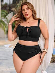 SHEIN Swim Lushore 2026新款加大码女士特殊面料纯色分体式泳衣，可调节肩带，可拆卸胸垫，蝴蝶结胸前设计，性感镂空剪裁，抽绳高腰三角泳裤，休闲优雅沙滩度假泳装 - 黑色 - 查看 3