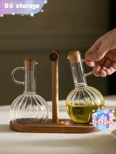 1pc High Borosilicate Glass Oil Bottle With Wooden Stand And Lid, Soy Sauce/Vinegar Dispenser, Heat Resistant Kitchen Liquid Storage