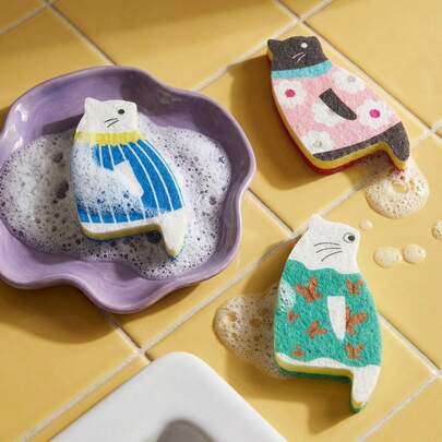 Joivida 1个无纺布猫咪造型海绵，适用于厨房和家庭洗碗，适合新年和情人节，是馈赠亲友、家居装饰和生日礼物的理想之选。