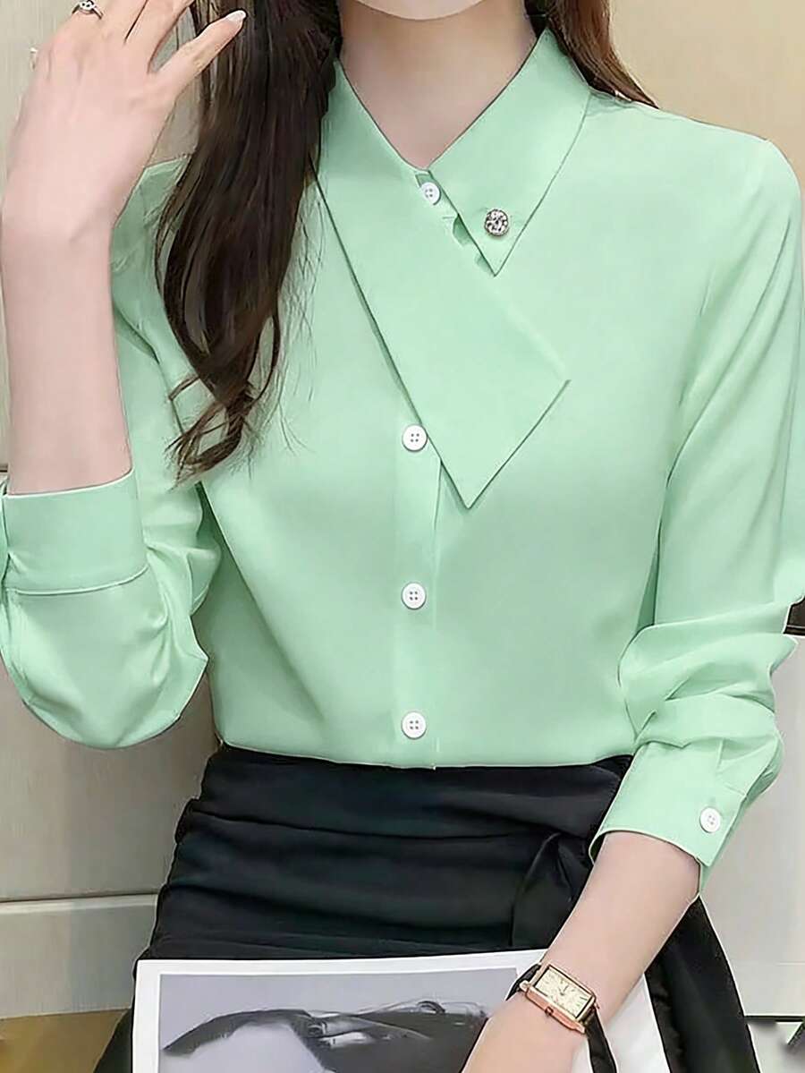 SHEIN Raffinéa 不对称领百搭优雅通勤女式T恤 - 綠色 - 查看 1