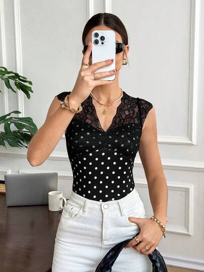 Serisse Áo kiểu nữ thanh lịch phối ren chấm bi, thích hợp cho mùa hè.