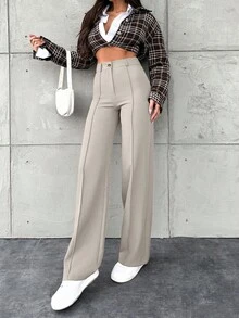 SHEIN Petite Size Women's Solid Color Simple Daily Business Pants - Cream - View 3