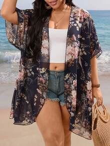 EMERY ROSE Fashionable Casual Vacation Floral Print Chiffon Lightweight Cardigan Sunscreen Shirt - Navy Blue - View 8