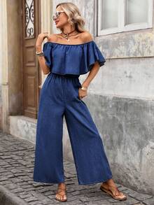 Brillora Bộ jumpsuit denim ống rộng trễ vai bèo nhún phong cách thường ngày mùa hè dành cho nữ - Rửa tối - Xem 1