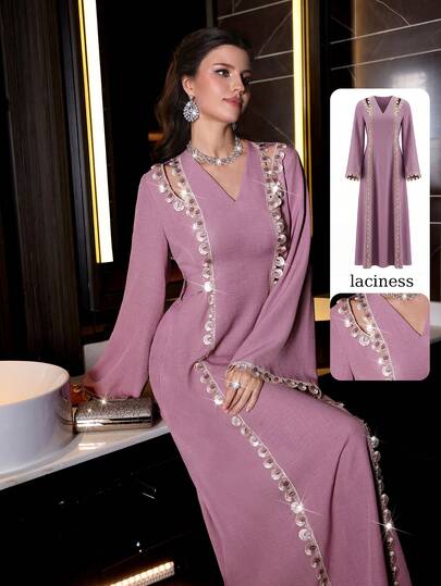 Al Najma Đầm dài tay màu tím dệt kim dành cho nữ, kiểu dáng thanh lịch, lãng mạn, phong cách Ả Rập, thích hợp cho mùa xuân/hè.