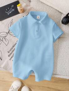 SHEIN 新生儿男女宝宝柔软舒适休闲白色短袖针织连体衣，适合室内、室外、日常穿着、运动、玩耍、派对、拍照、度假、节日、婚礼、迎婴派对、洗礼和一周岁生日等场合。 - 淺藍色 - 查看 7