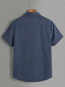 KRYTIVO 大码男士几何印花短袖休闲宽松衬衫，夏季，基本款工作领衬衫 - 寶藍色 - 查看 3