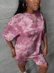 Slaydiva Plus Size Women Tie-Dye Ribbed Drop Shoulder Short Sleeve T-Shirt & Shorts 2-Piece Set - Pink - View 5