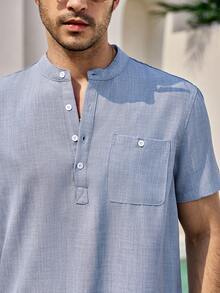 Mercer Haus Men Solid Casual Short Sleeve Shirt, Summer Vacation , Suitable For Summer Tropical Holiday Vacation In Hawaii. - Blue - View 7