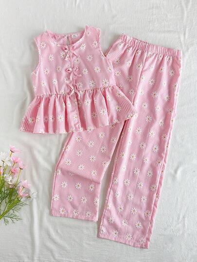 Vintaside Kids Conjunto de 2 piezas de top sin mangas con estampado floral a cuadros azul y blanco y pantalones a juego, silueta ajustada adecuada para salidas, casual, deportes, fiestas