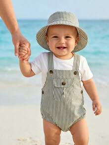SHEIN Playful Pals 2件裝新生兒男嬰/女嬰中性服裝套裝 綠白條紋吊帶連身褲 夏季休閒度假款 極簡風 0-3歲 - 綠色 - 查看 11