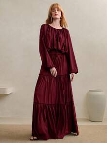 Arave Conjunto de blusa de manga farol calada y falda evasé con volantes para mujer, diseño de cintura ceñida, adecuado para el uso diario - Burdeos - Ver 8