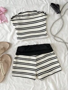 SHEIN 青少年女孩休閒條紋短版上衣與短褲套裝，兩件式夏季套裝，黑白配色，適合夏天、休閒、健身房穿著 - 咖啡棕 - 查看 6